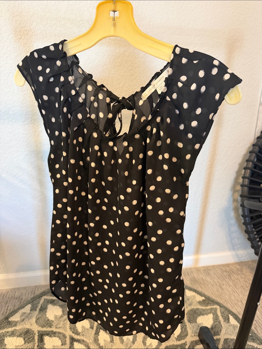 LC Lauren Conrad Black and White Polka Dot Tie Neck Cap Sleeve Blouse